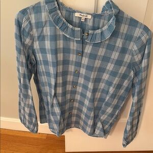 Madewell Light Blue Checkered Ruffle Blouse